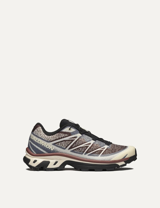 Salomon women XT-6 Shadow brown and cream sneakers with jacquard mesh and black details side view