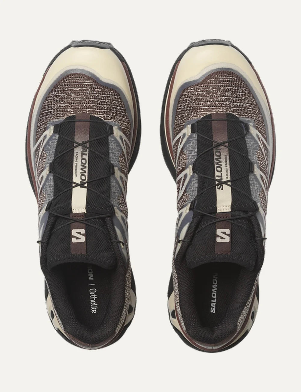 Salomon women XT-6 Shadow brown and cream sneakers with jacquard mesh and black details top view