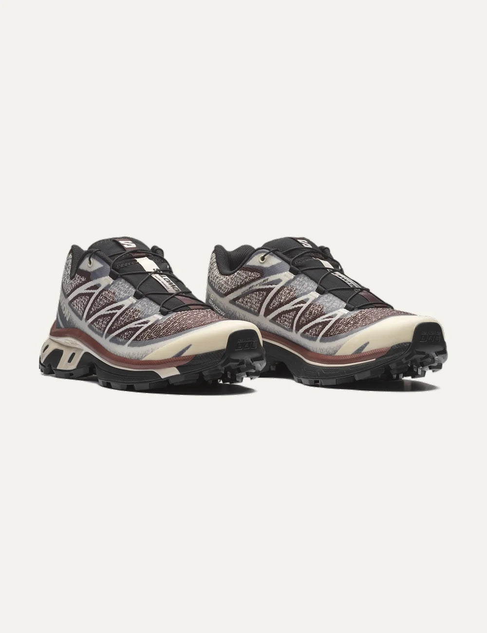 Salomon women XT-6 Shadow brown and cream sneakers with jacquard mesh and black details front angle pair view