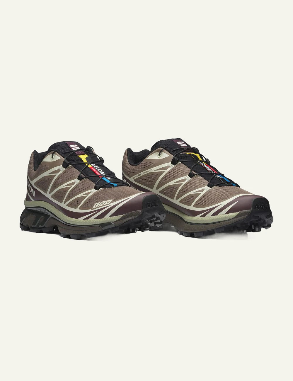 Salomon XT-6 brown beige sneakers trail angled view