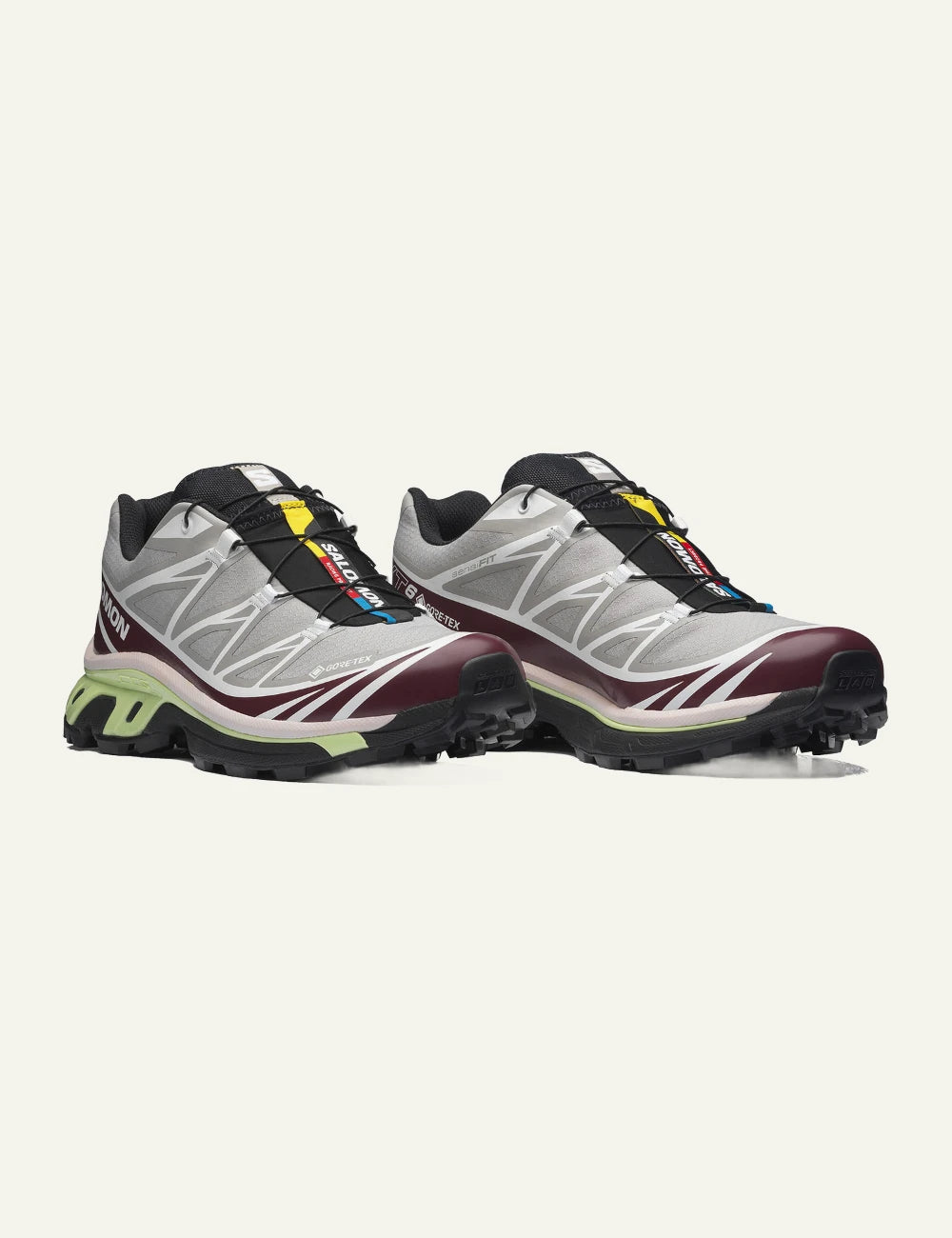 salomon xt-6 gore-tex sneakers grey burgundy trail running profile view