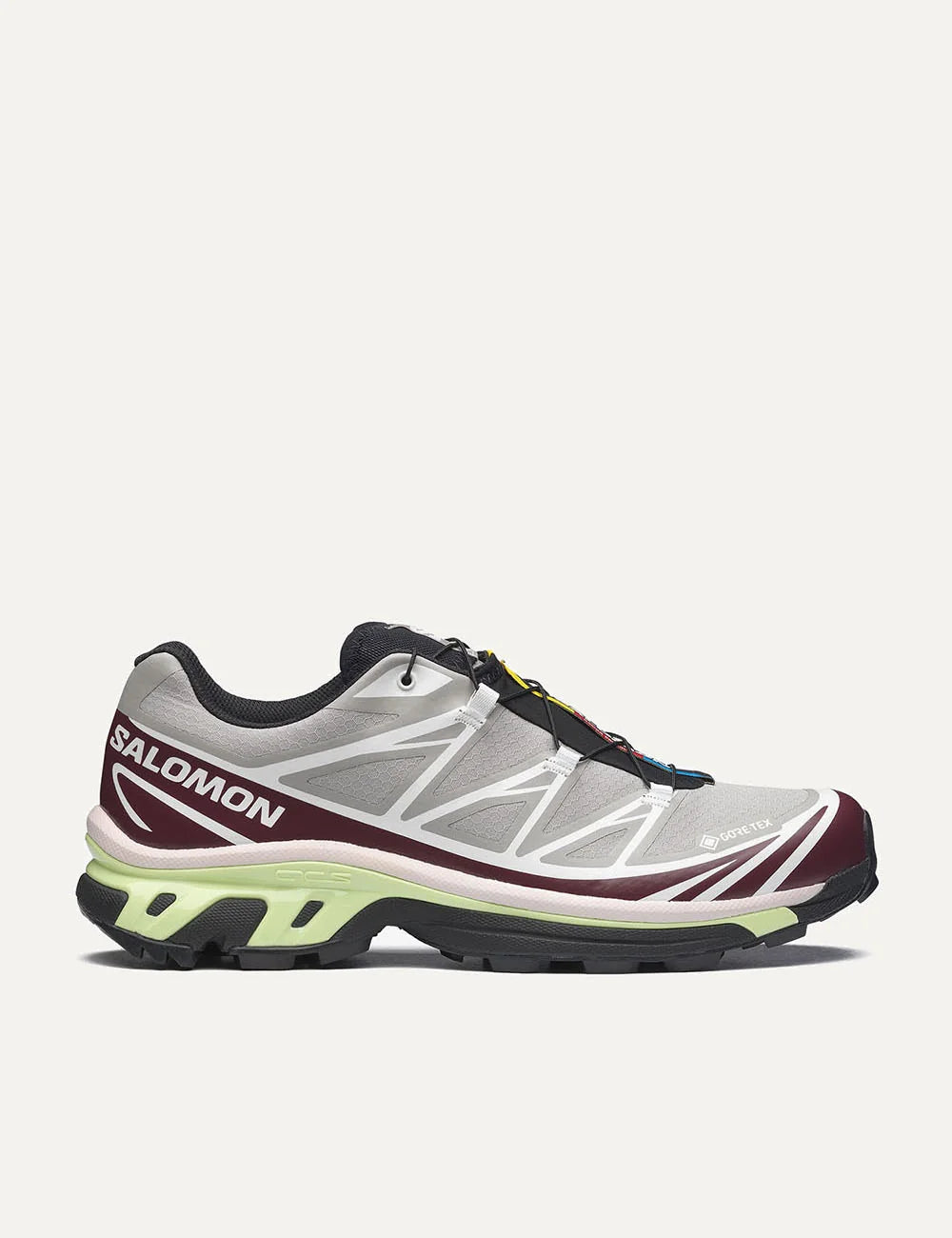 salomon xt-6 gore-tex sneakers grey burgundy trail running side view