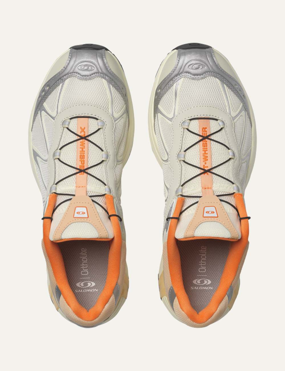 Salomon XT-Whisper off white sneaker with silver and orange details top view