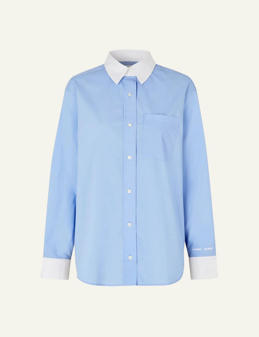 Samsoe shirt light blue loose fit long sleeve contrast collar pocket front flat view