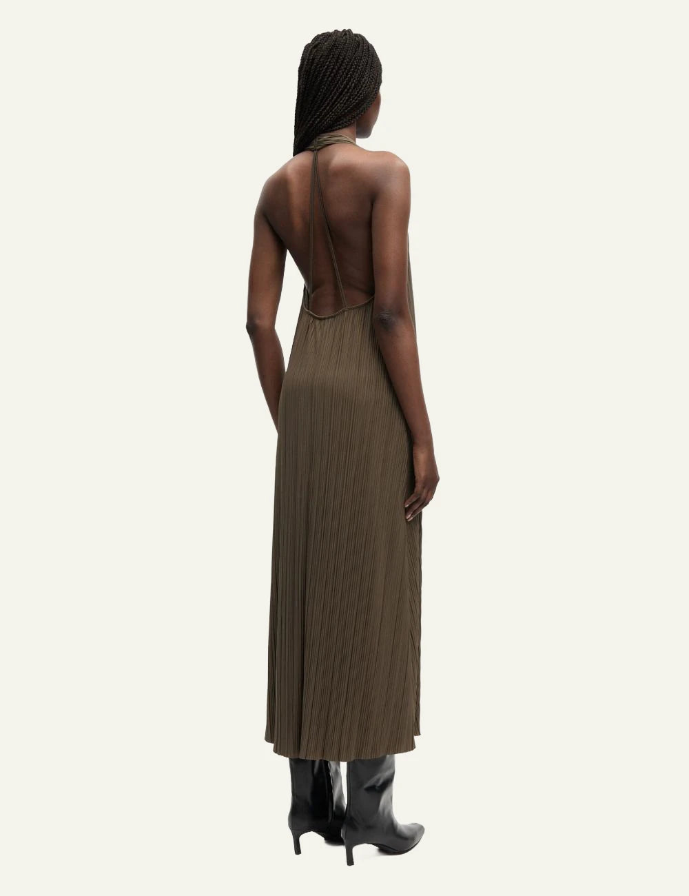 Samsoe maxi dress pleated brown halter V neck open back  view