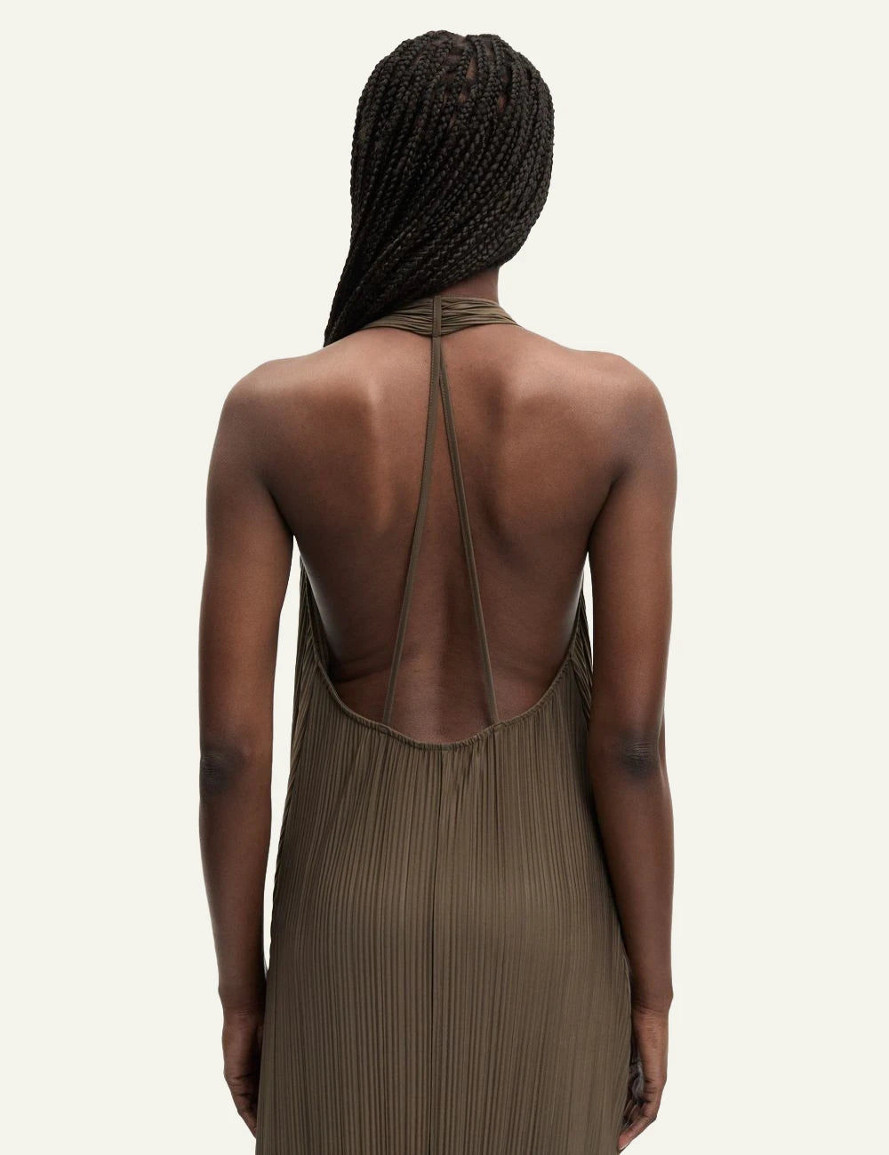 Samsoe maxi dress pleated brown halter V neck open back back view
