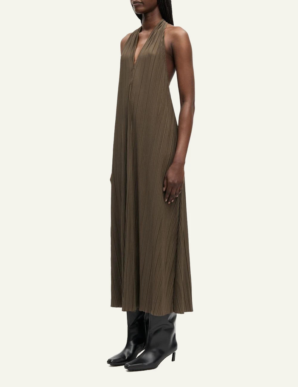 Samsoe maxi dress pleated brown halter V neck open back side view