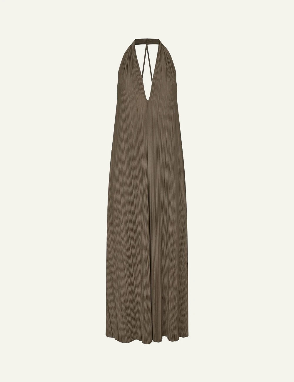 Samsoe maxi dress pleated brown halter V neck open back front flat view