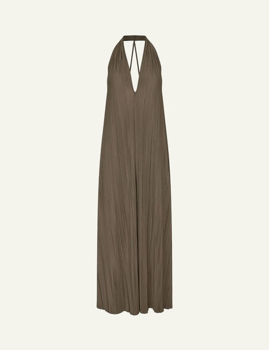 Samsoe maxi dress pleated brown halter V neck open back front flat view