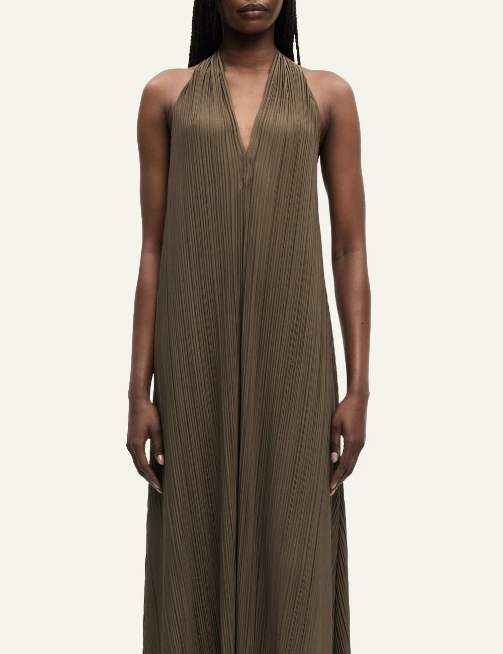 Samsoe maxi dress pleated brown halter V neck open back front model view