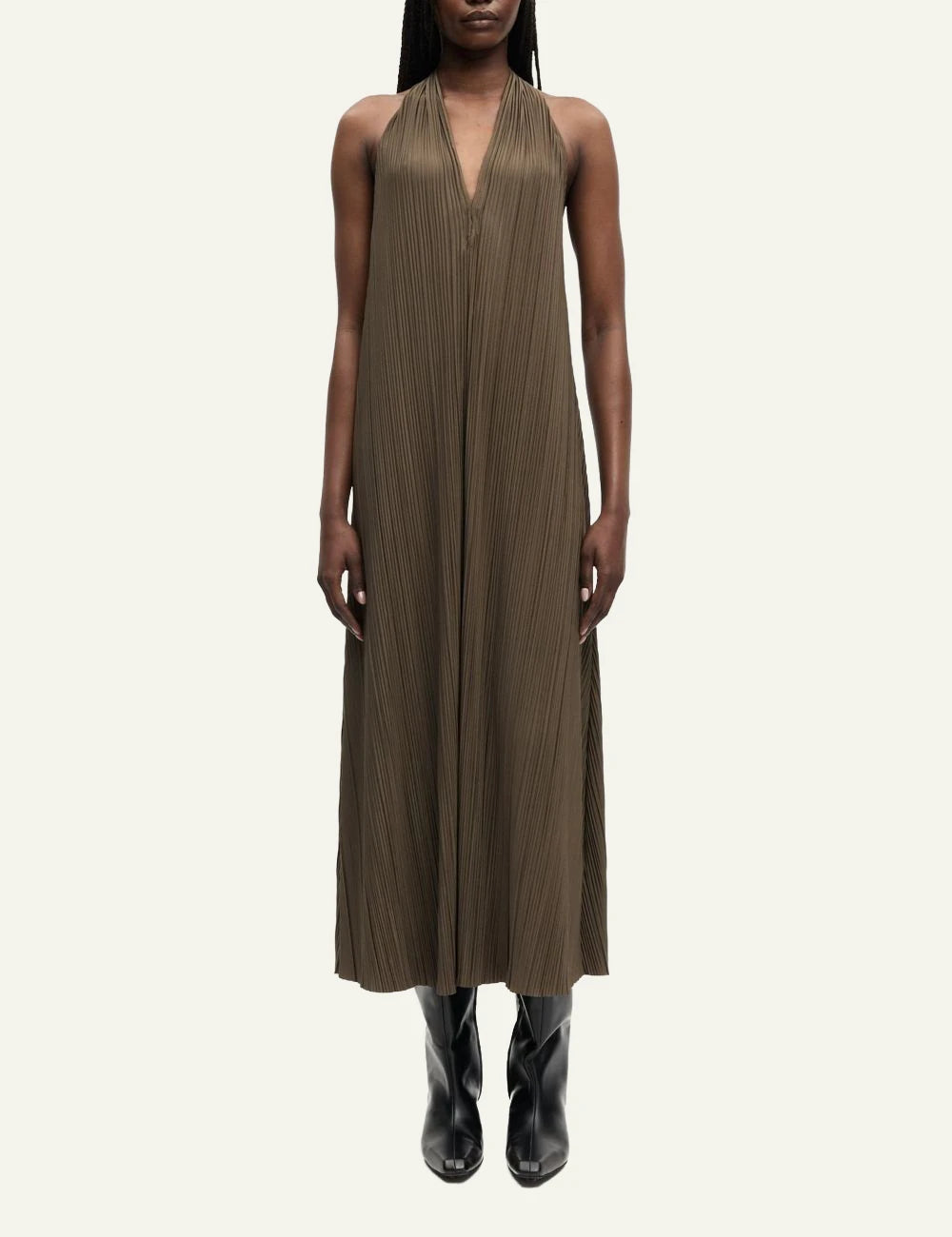 Samsoe maxi dress pleated brown halter V neck open back front full body view