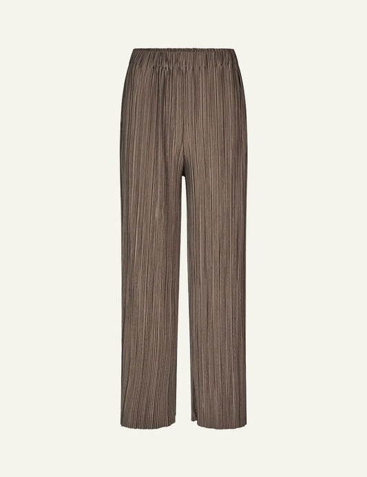 Samsoe pleated trousers brown wide leg loose fit elastic waist front flat view