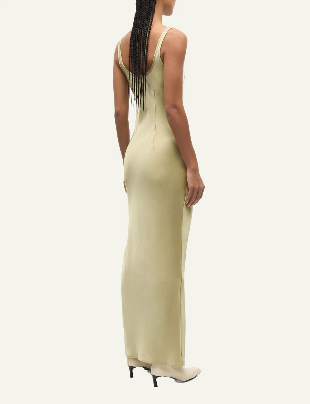 Samsoe satin maxi dress yellow slim fit bias cut back view