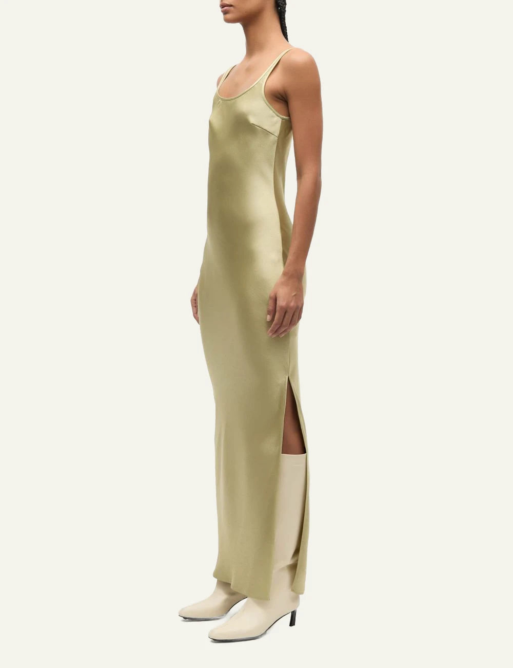 Samsoe satin maxi dress yellow slim fit bias cut side view