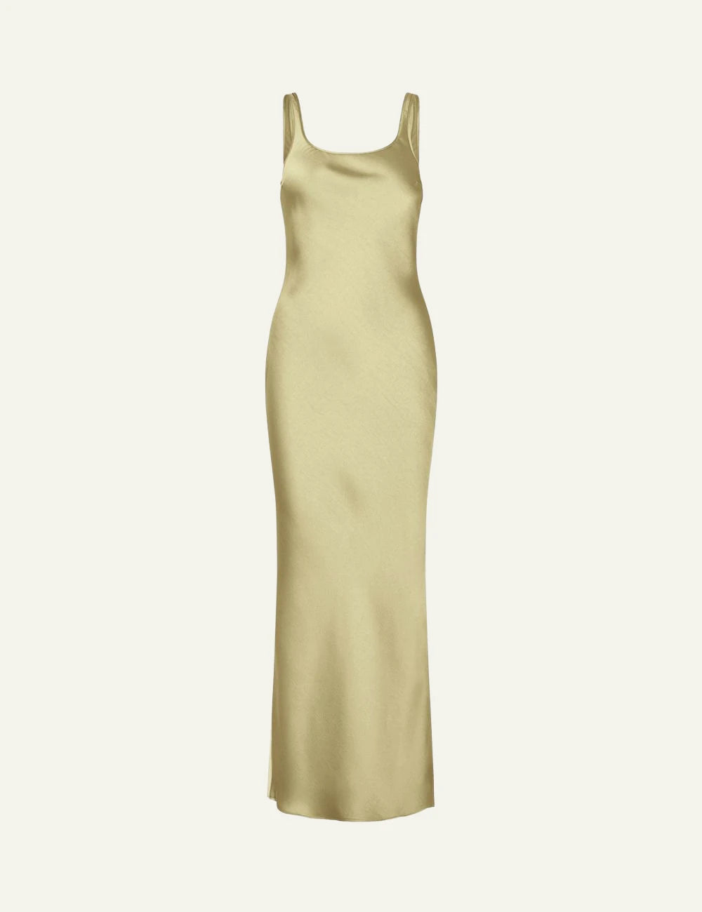 Samsoe satin maxi dress yellow slim fit bias cut front flat view