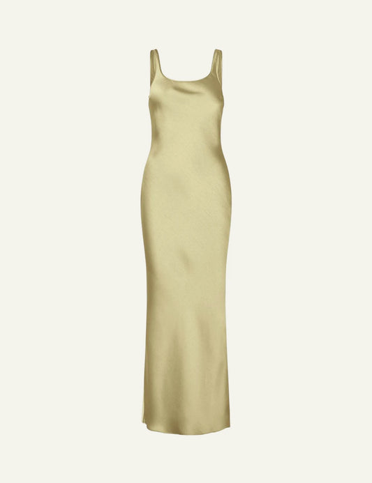 Samsoe satin maxi dress yellow slim fit bias cut front flat view
