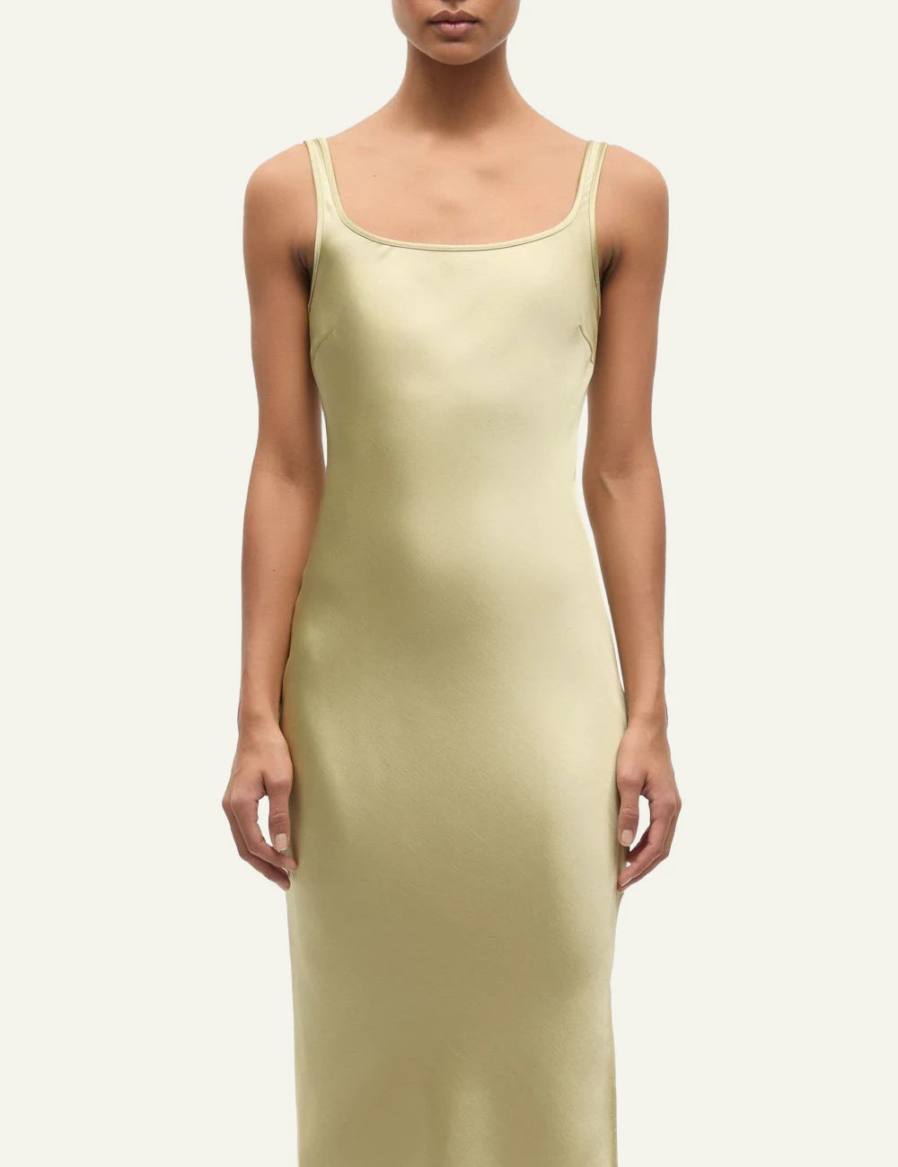 Samsoe satin maxi dress yellow slim fit bias cut front model view