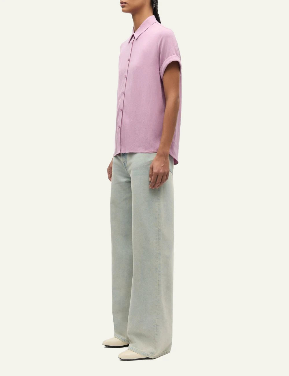 Samsoe Samsoe shirt pink short sleeve button front regular fit side view