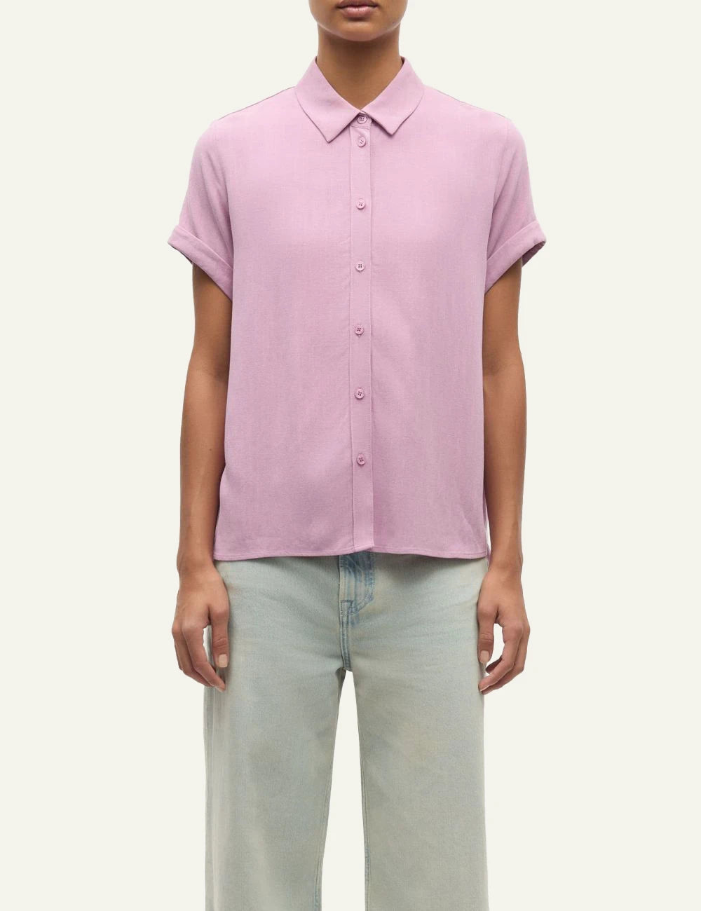 Samsoe Samsoe shirt pink short sleeve button front regular fit front model view