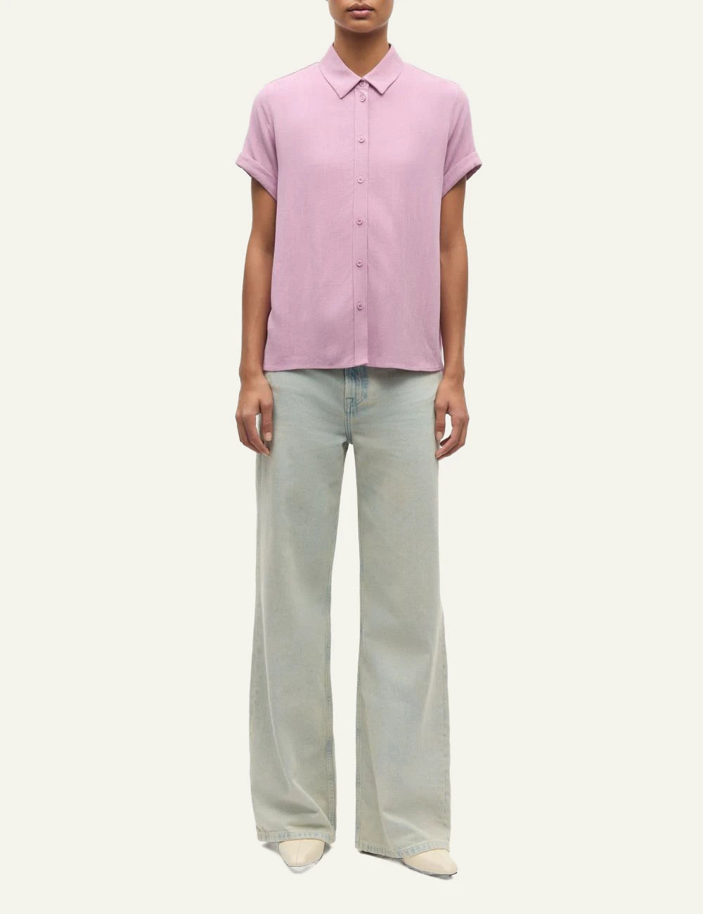 Samsoe Samsoe shirt pink short sleeve button front regular fit front full body view