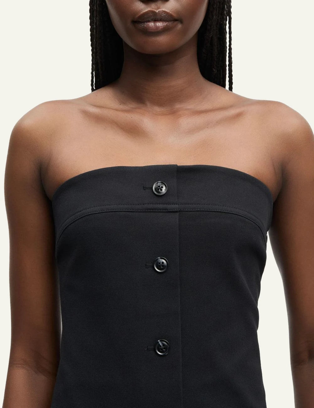 Samsoe Samsoe strapless maxi dress black bandeau button front A line front detail view