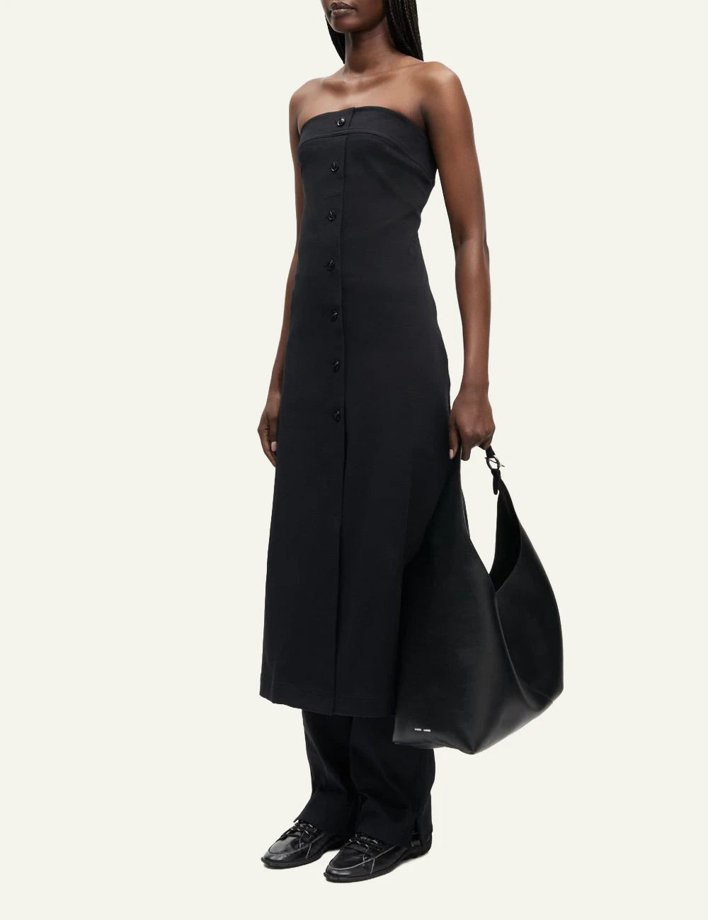 Samsoe Samsoe strapless maxi dress black bandeau button front A line side view
