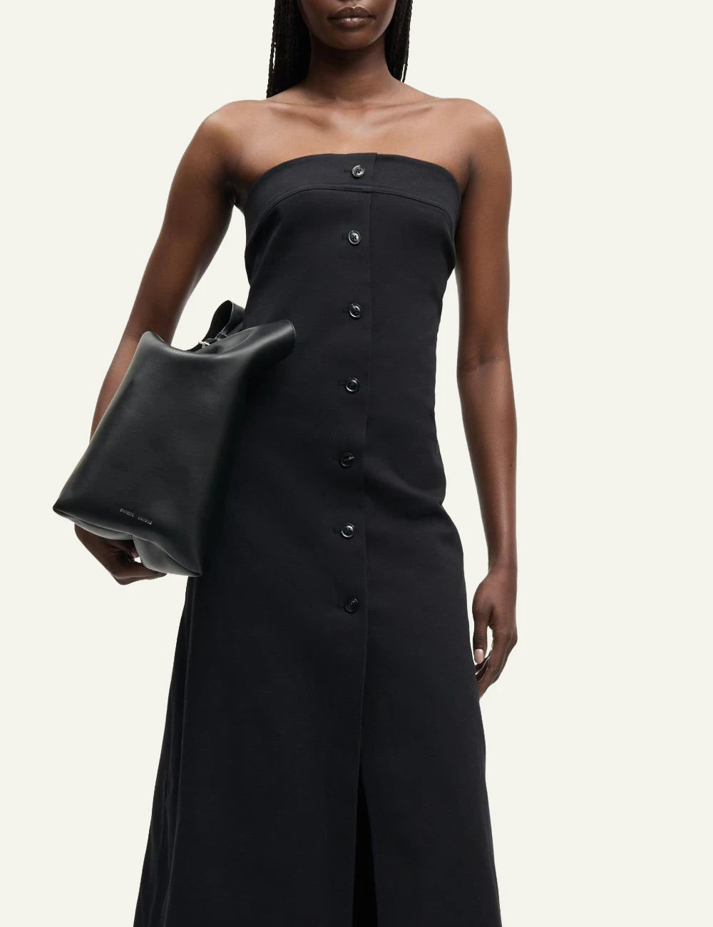 Samsoe Samsoe strapless maxi dress black bandeau button front A line front model view