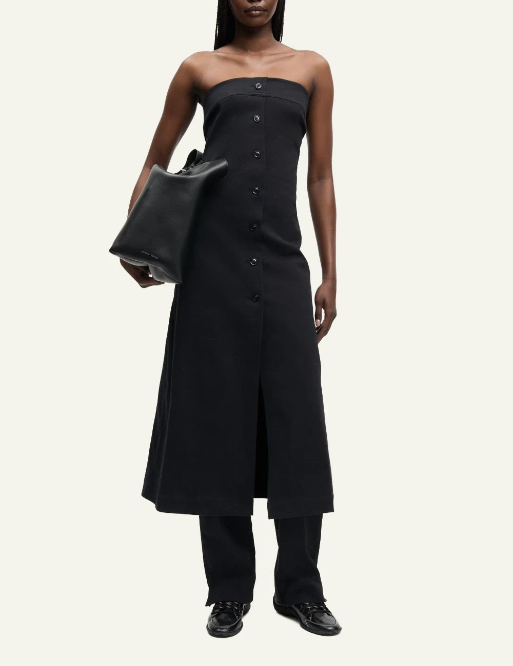 Samsoe Samsoe strapless maxi dress black bandeau button front A line front full body view