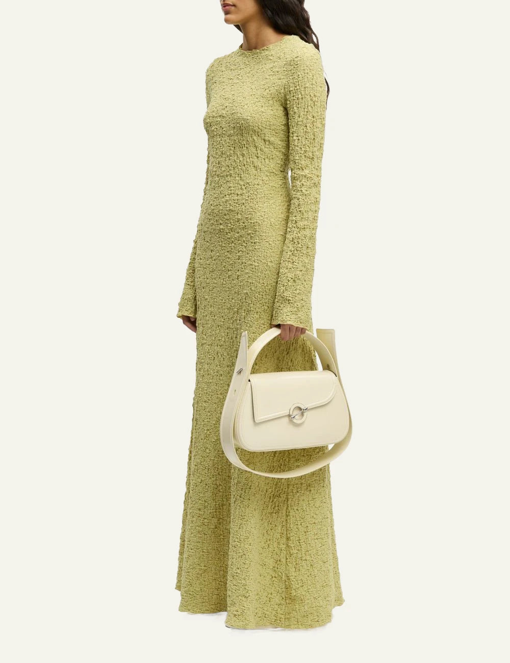 Samsoe dress textured yellow long sleeve slim fit flared side model view