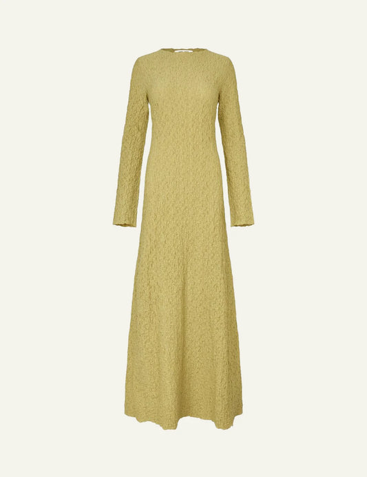 Samsoe dress textured yellow long sleeve slim fit flared front flat view