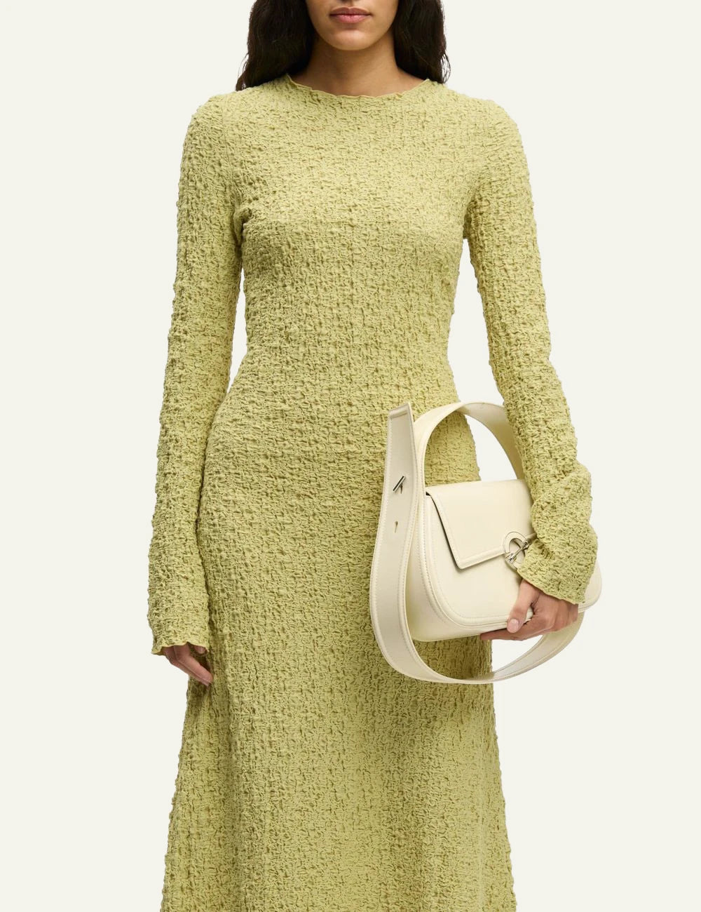 Samsoe dress textured yellow long sleeve slim fit flared front model view