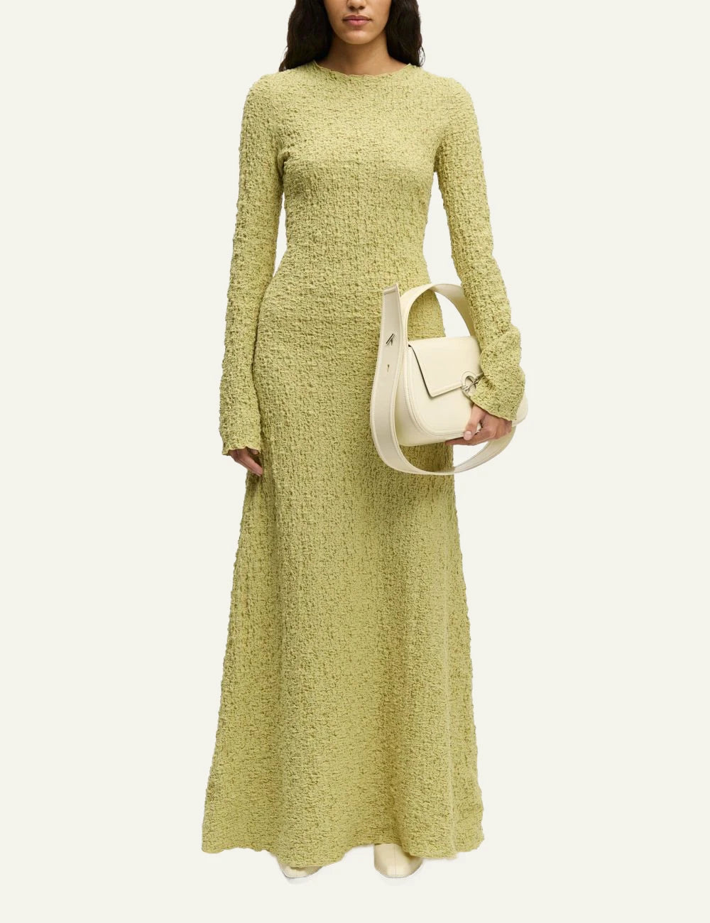 Samsoe dress textured yellow long sleeve slim fit flared front full body view