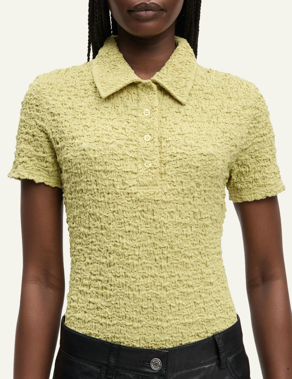 Samsoe polo top textured yellow slim fit front detail view