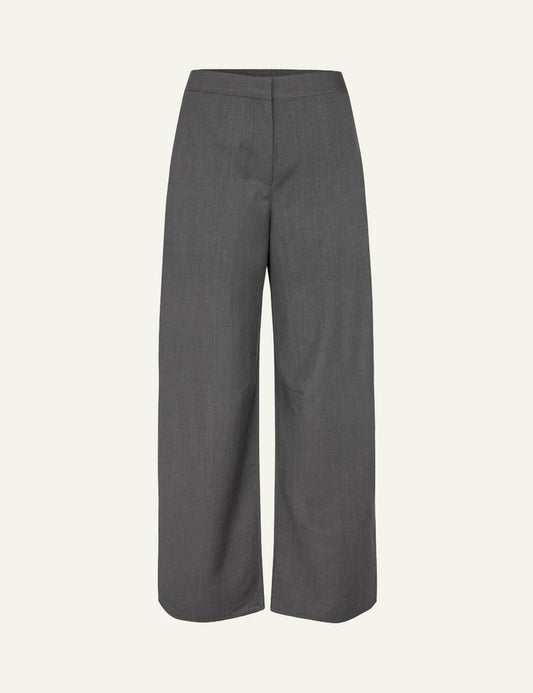 Samsoe Samsoe trousers grey loose fit curved leg mid waist front flat view