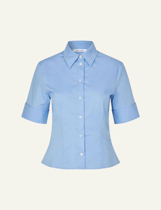 Samsoe shirt light blue short sleeve slim fit button front flat view