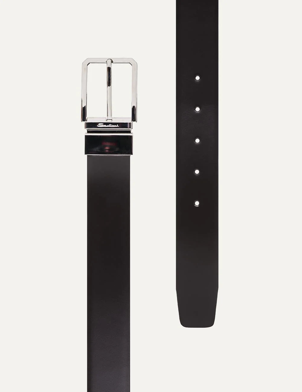 Santoni brown leather belt silver buckle front detail view