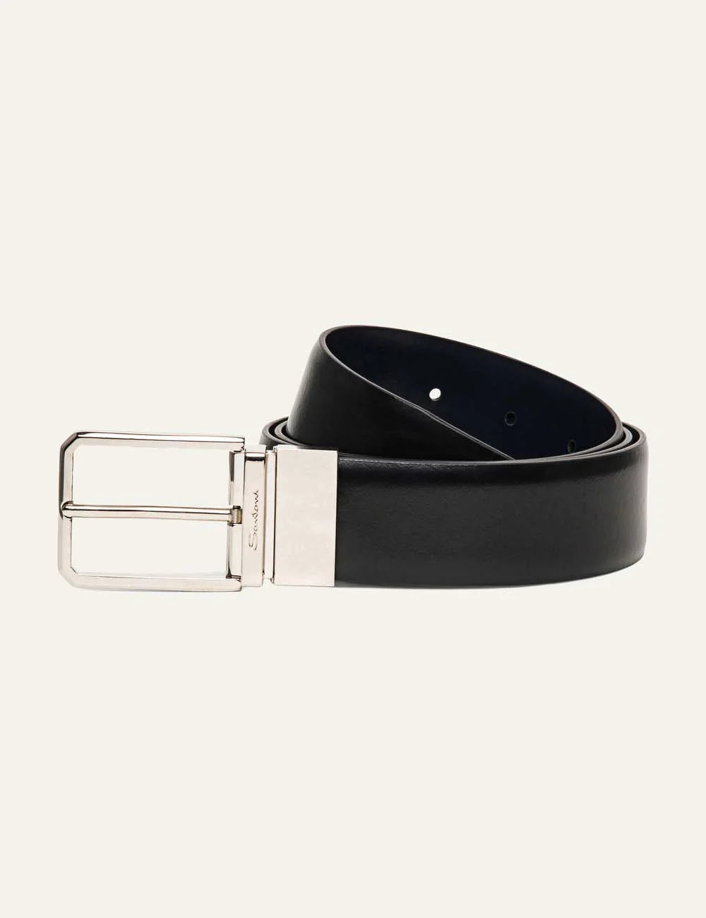 Santoni men's Adriatico Blue reversible leather belt with metal buckle full