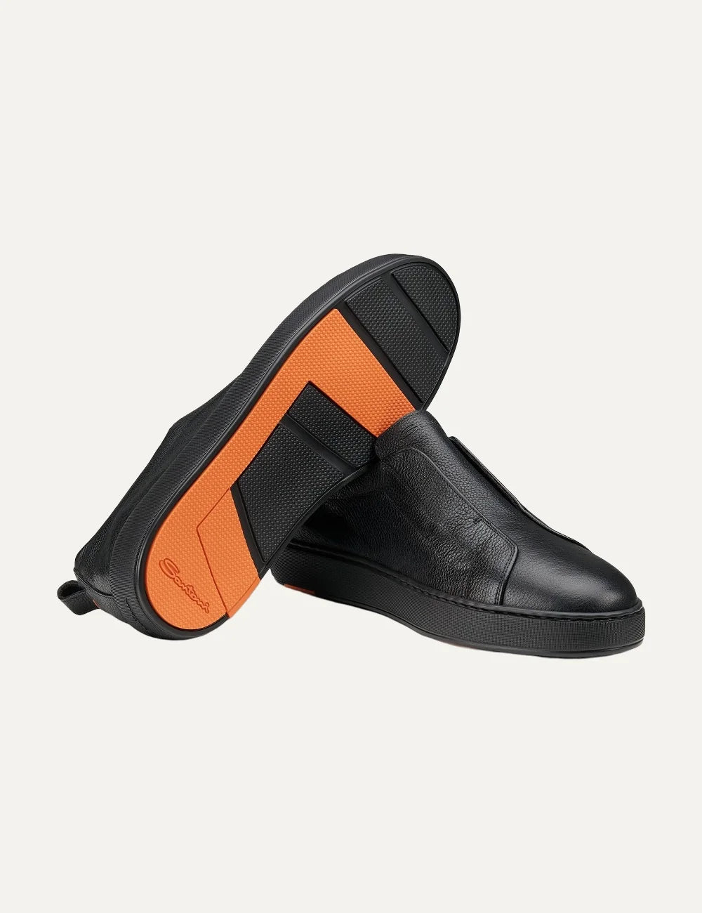 Santoni men's black deerskin leather slip-on sneakers sole