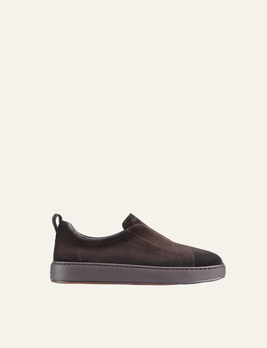 Santoni men's dark brown Seta suede slip-on sneakers