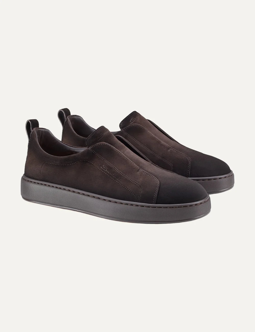 Santoni men's dark brown Seta suede slip-on sneakers profile