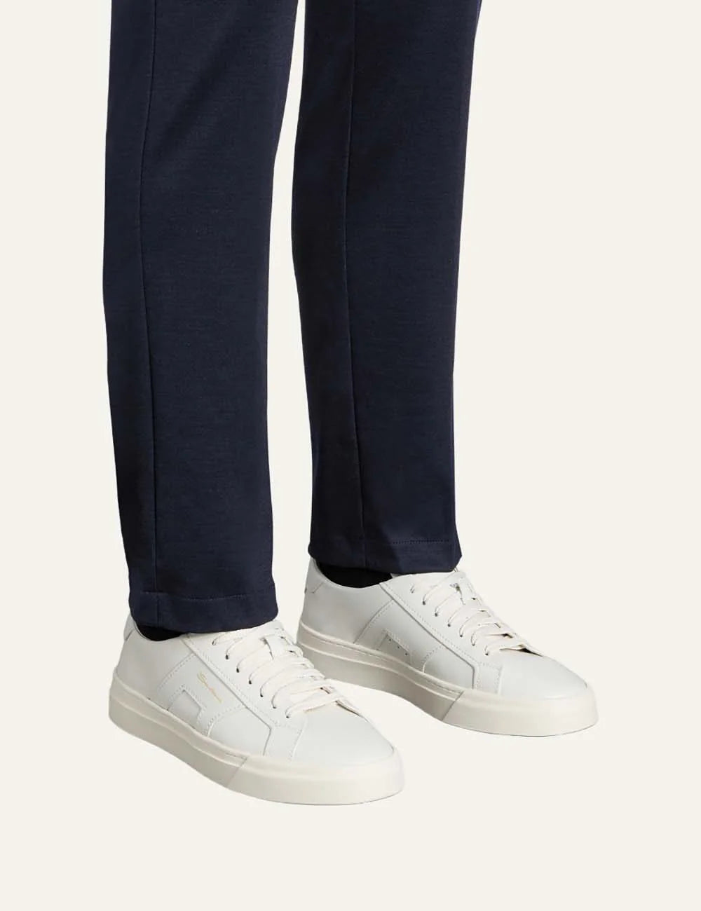 Santoni men's Puro White leather Double Buckle sneakers model