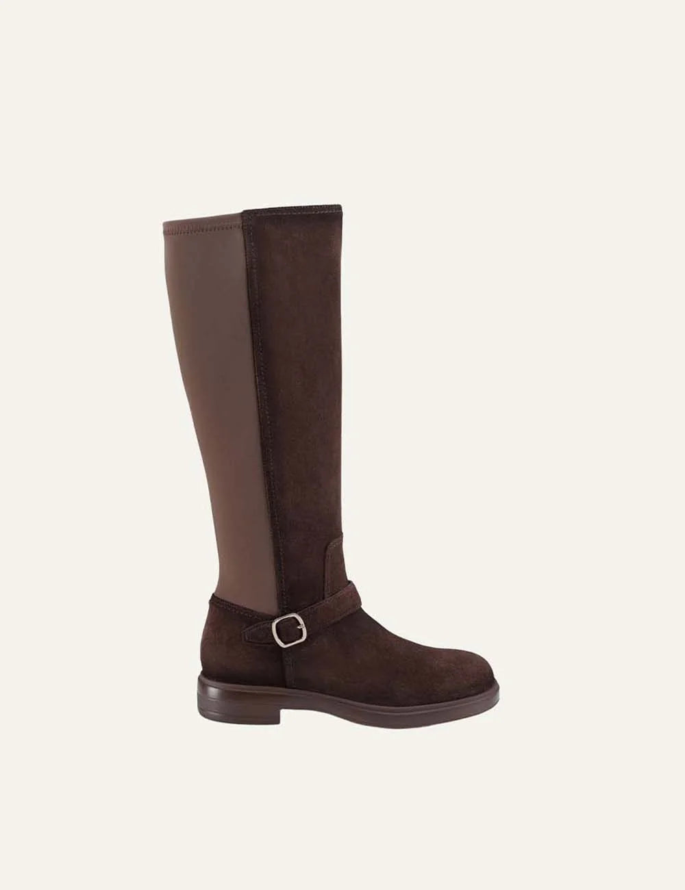 Santoni women's Quercia brown suede knee-high boots with neoprene back and buckle strap