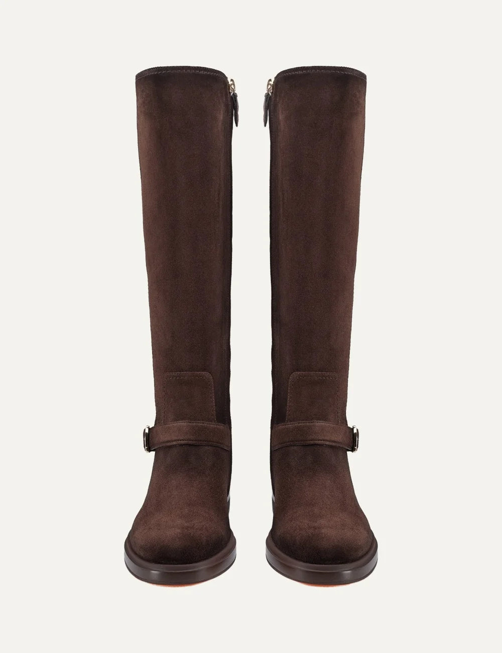 Santoni women's Quercia brown suede knee-high boots with neoprene back and buckle strap front