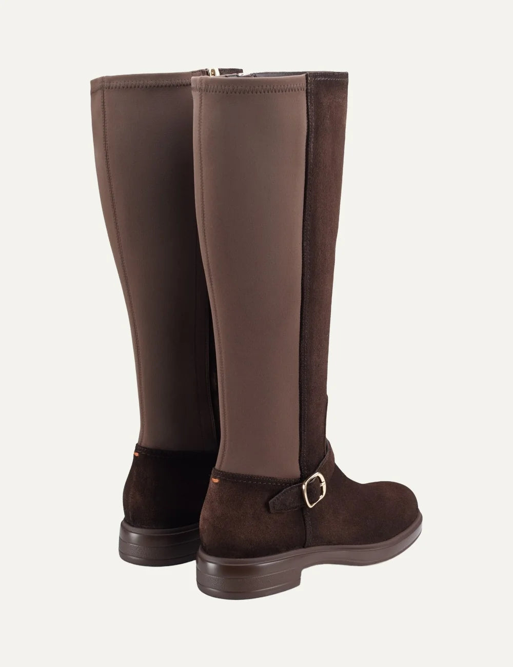 Santoni women's Quercia brown suede knee-high boots with neoprene back and buckle strap back
