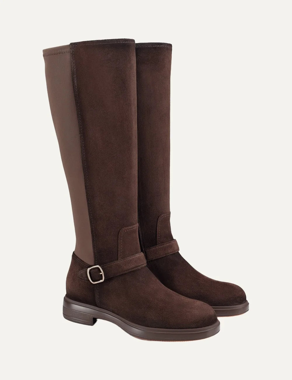 Santoni women's Quercia brown suede knee-high boots with neoprene back and buckle strap profile