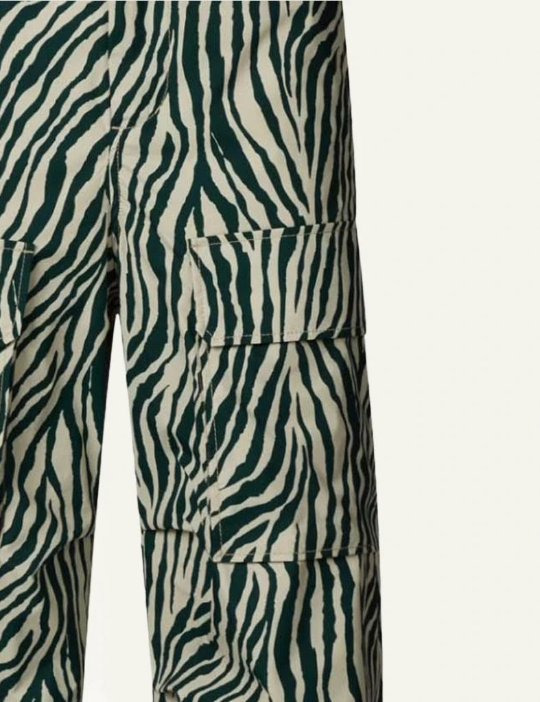 Save The Duck cargo pants zebra print straight leg front view drawstring detail view
