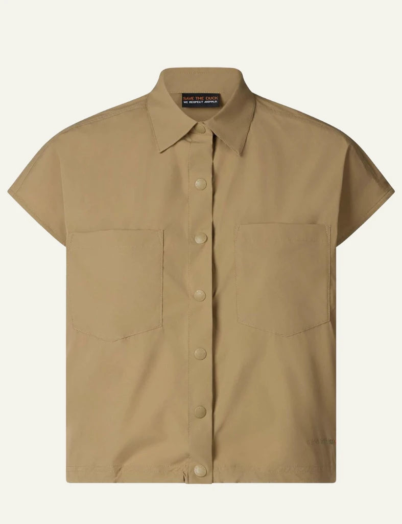 Save The Duck Eisha top beige short sleeve shirt snap buttons front flat view