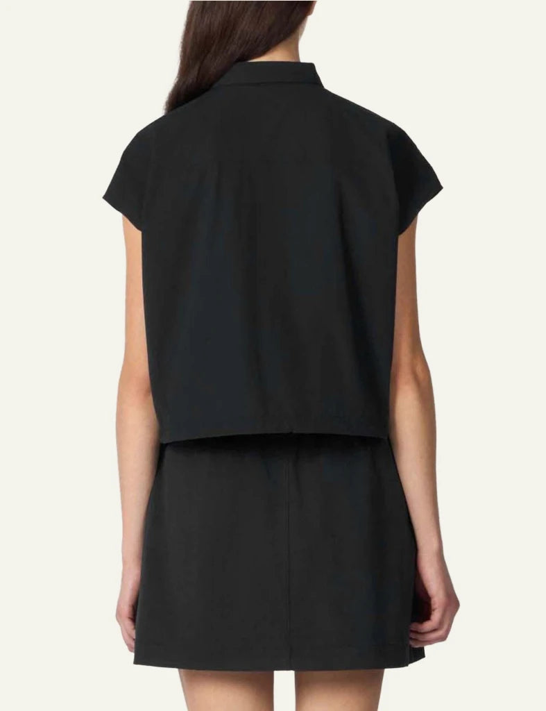 Save The Duck Eisha top black short sleeve shirt snap buttons back model view