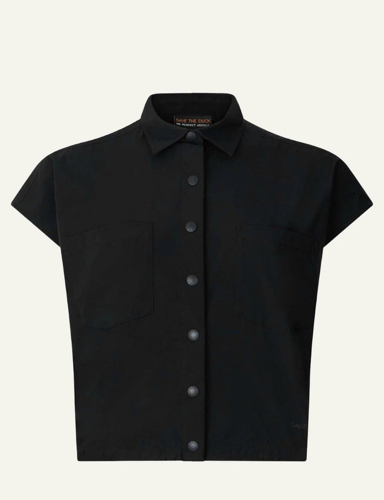 Save The Duck Eisha top black short sleeve shirt snap buttons front flat view