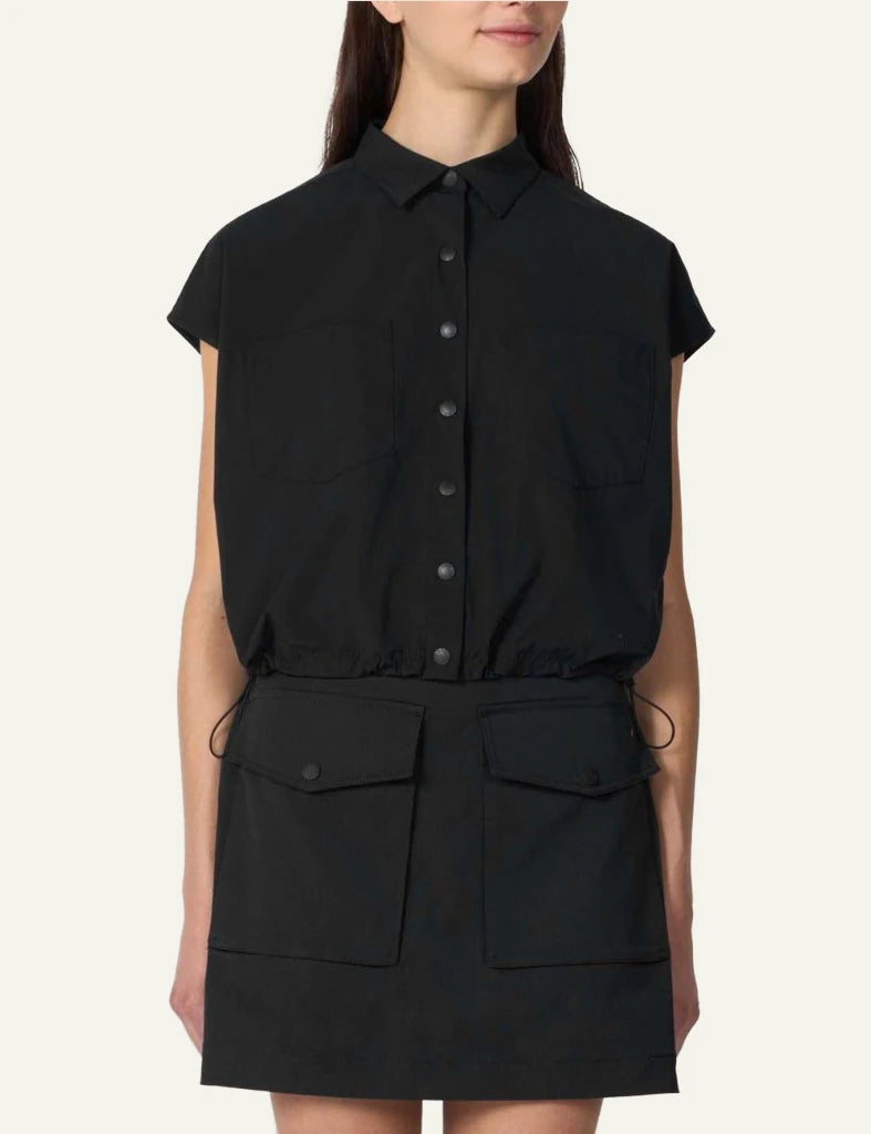 Save The Duck Eisha top black short sleeve shirt snap buttons front model view